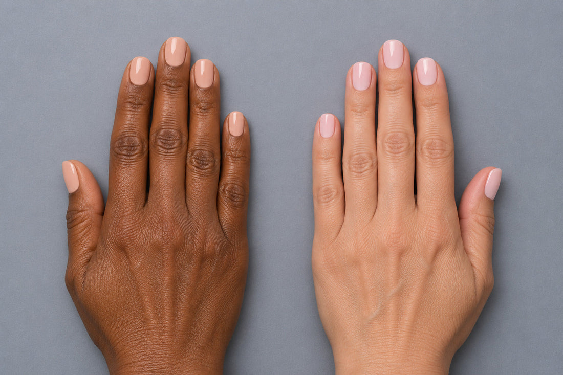 Blush nude manicures on two different skin tones.
