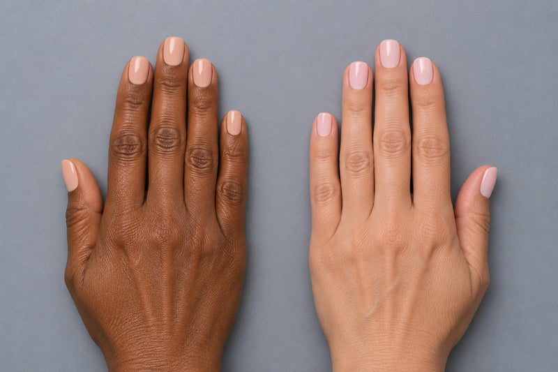 Blush nude manicures on two different skin tones.