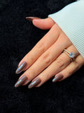 Nailora Paris — Tiphaine — Long Almond Chocolate Brown Chrome press-on nails — open hand
