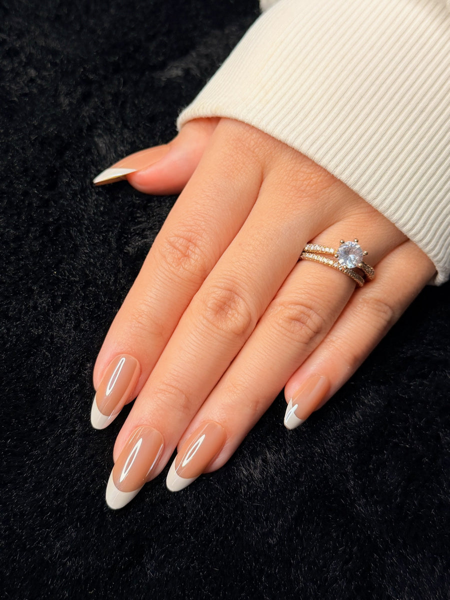 Nailora Paris — Zélie — Long Almond Nude 3D Flower press-on nails — open hand