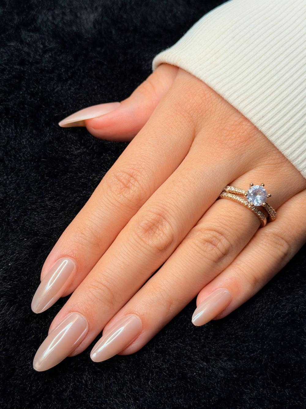 Nailora Paris — Eugénie — Long Almond Warm Nude Pearl Chrome press-on nails — open hand