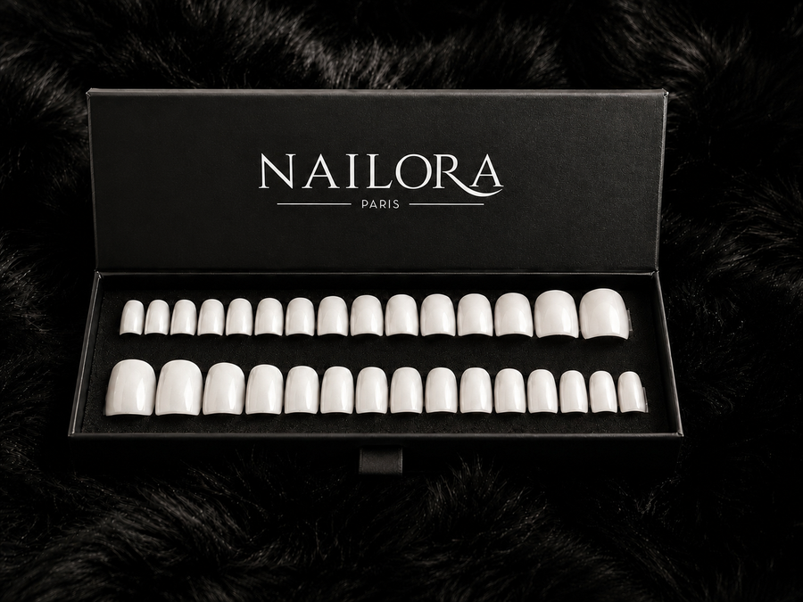 Close-up of Alice milky white square press on nails