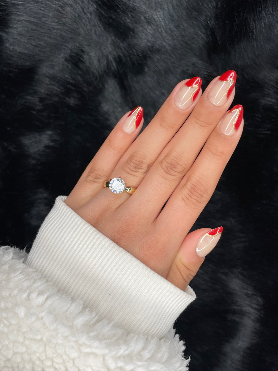 Constance medium almond red gold french tip press on nails on hand – Nailora Paris