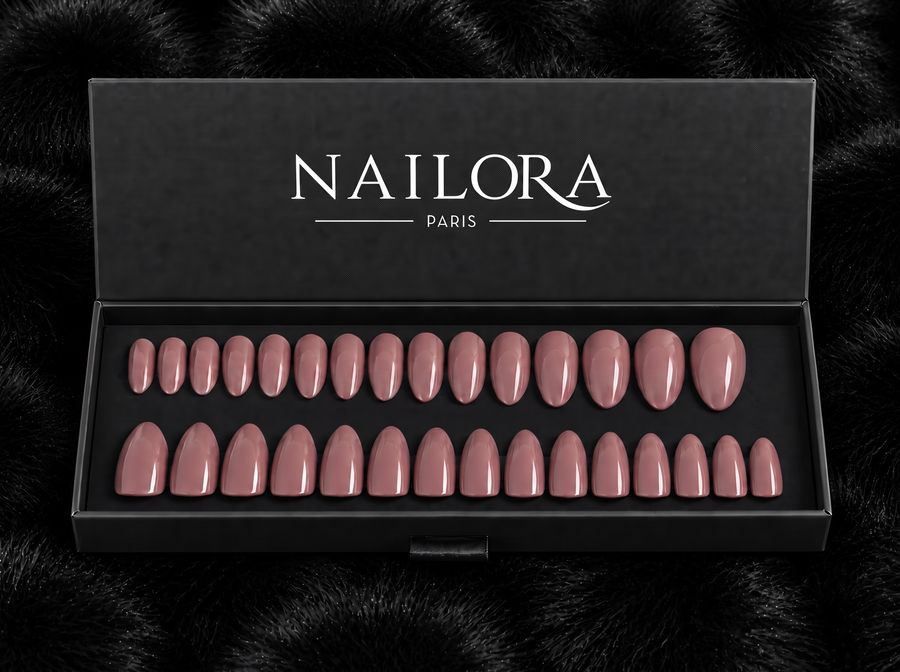 Coralie press on nails set with Nailora Paris packaging box
