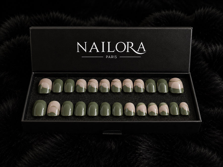 Coralie press on nails set with Nailora Paris packaging box