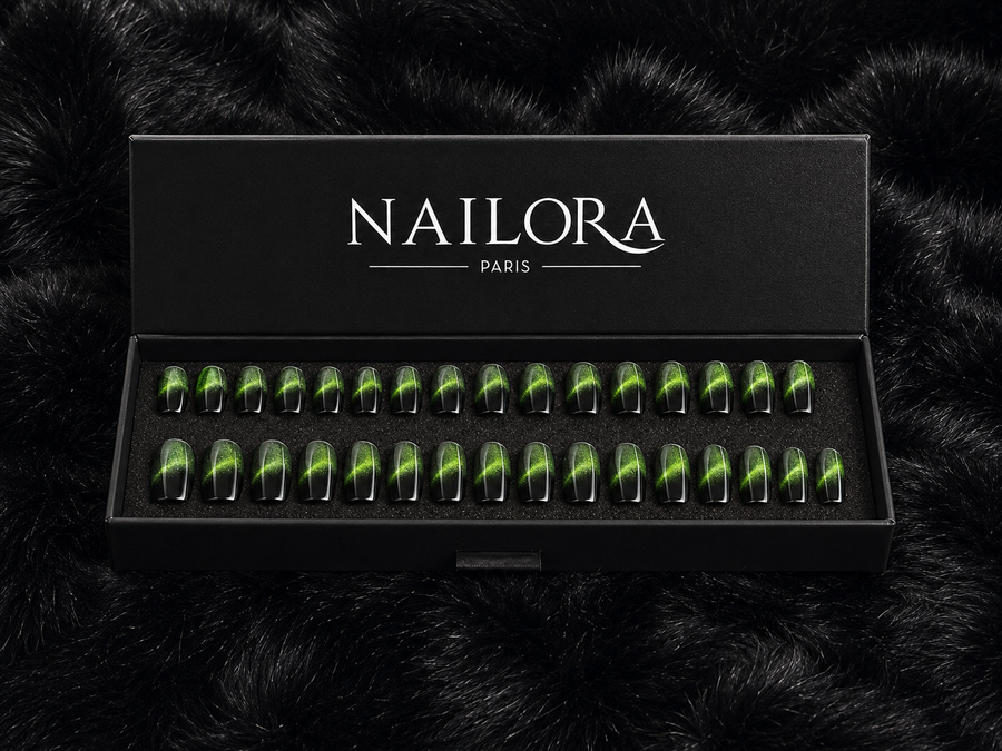 Close-up of Emma green metallic square press on nails