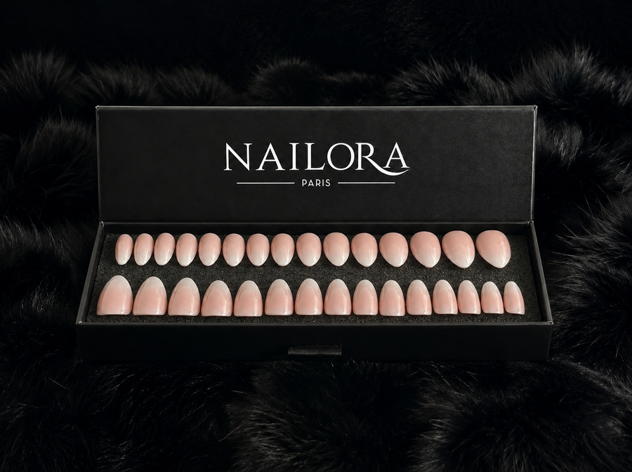 Close-up of Gabrielle nude almond press on nails