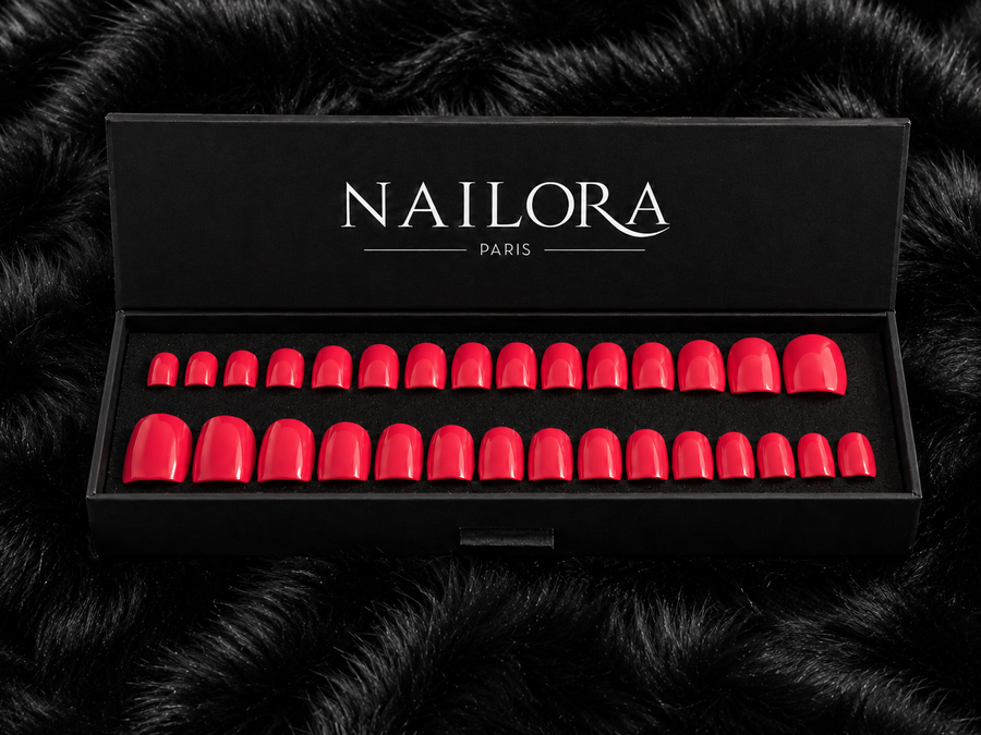 Close-up of Jade coral red square press on nails