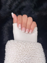 Juliette sheer nude square press on nails hand pose – Nailora Paris