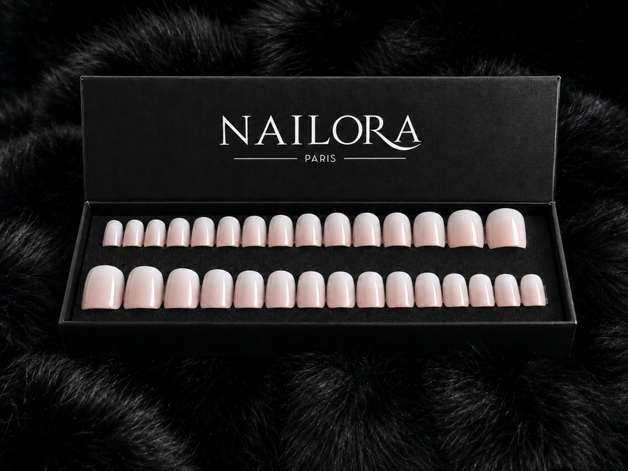 Juliette press on nails set with Nailora Paris packaging box
