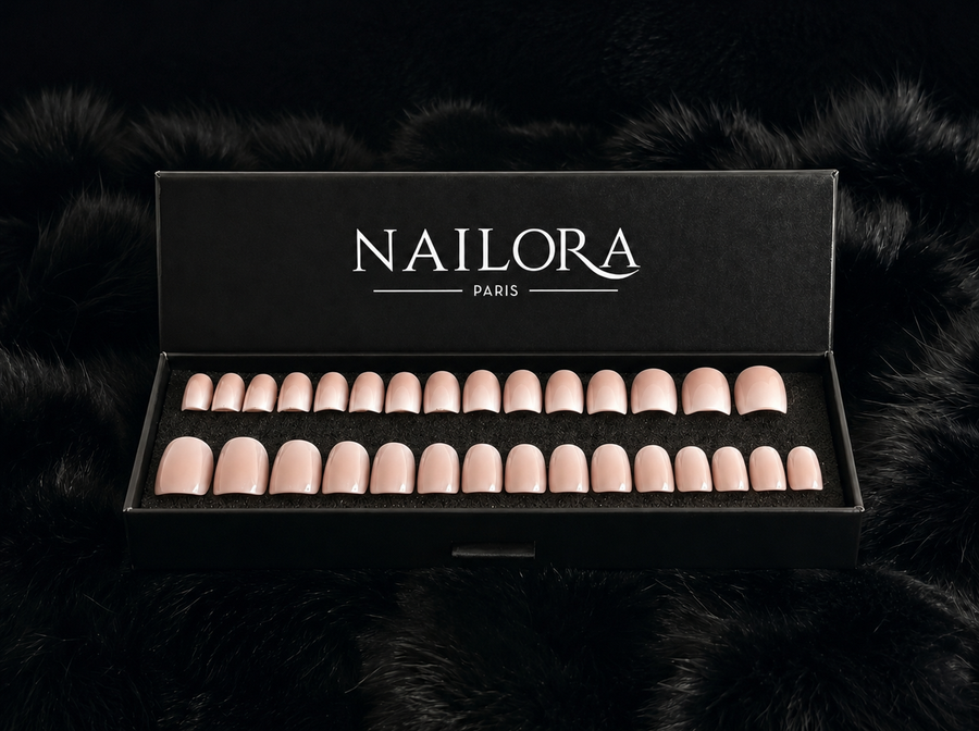 Manon press on nails set with Nailora Paris packaging box