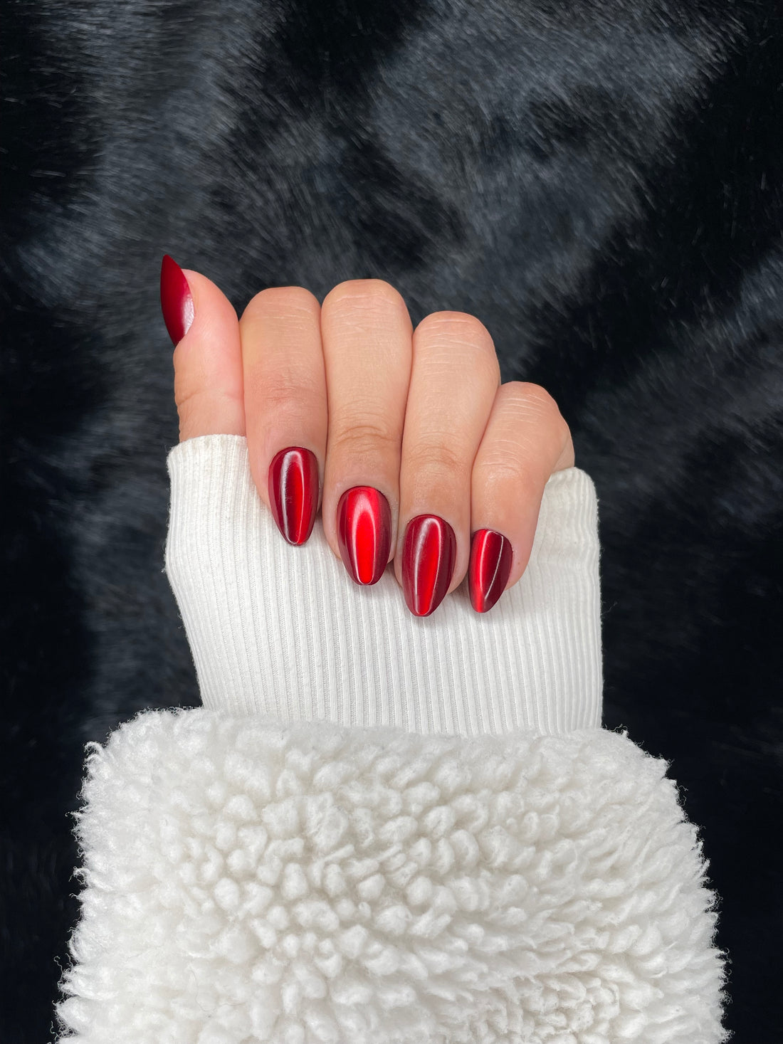 Nailora Bordeaux Deep Red Cat-Eye Almond Press On Nails — Photo 2