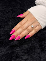 Hibiscus hot pink long almond nails side view — Nailora Paris