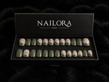 Nailora Kaki Olive French Tip Almond Press On Nails — Box