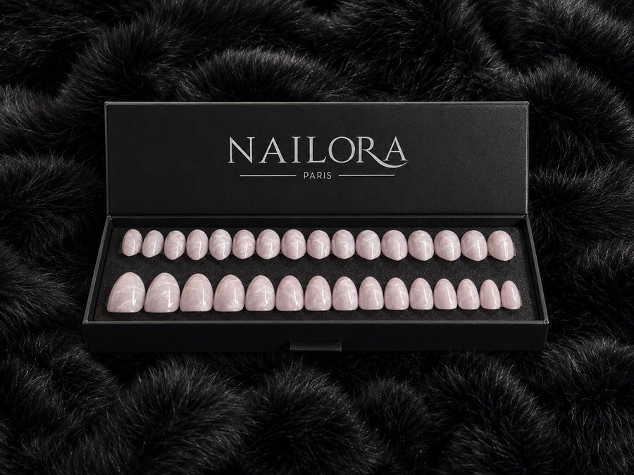 Noémie press on nails set with Nailora Paris packaging box