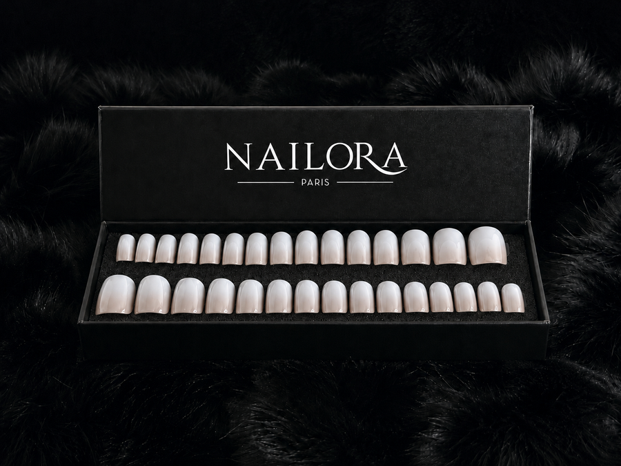 Ophélie press on nails set with Nailora Paris packaging box