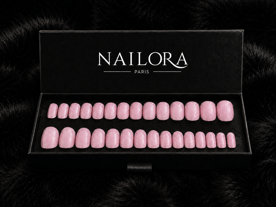 Close-up of Pauline dusty rose shimmer round press on nails