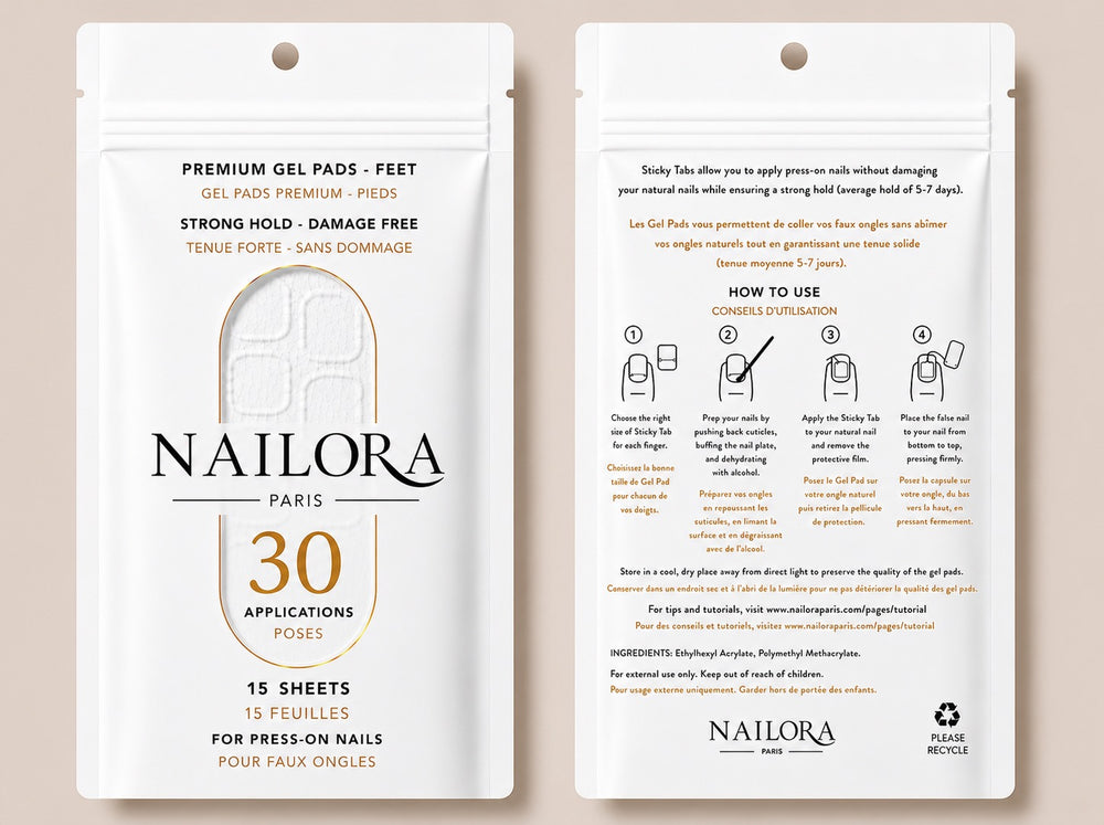 Nailora Paris toe gel pads packaging – 15 adhesive nail tabs