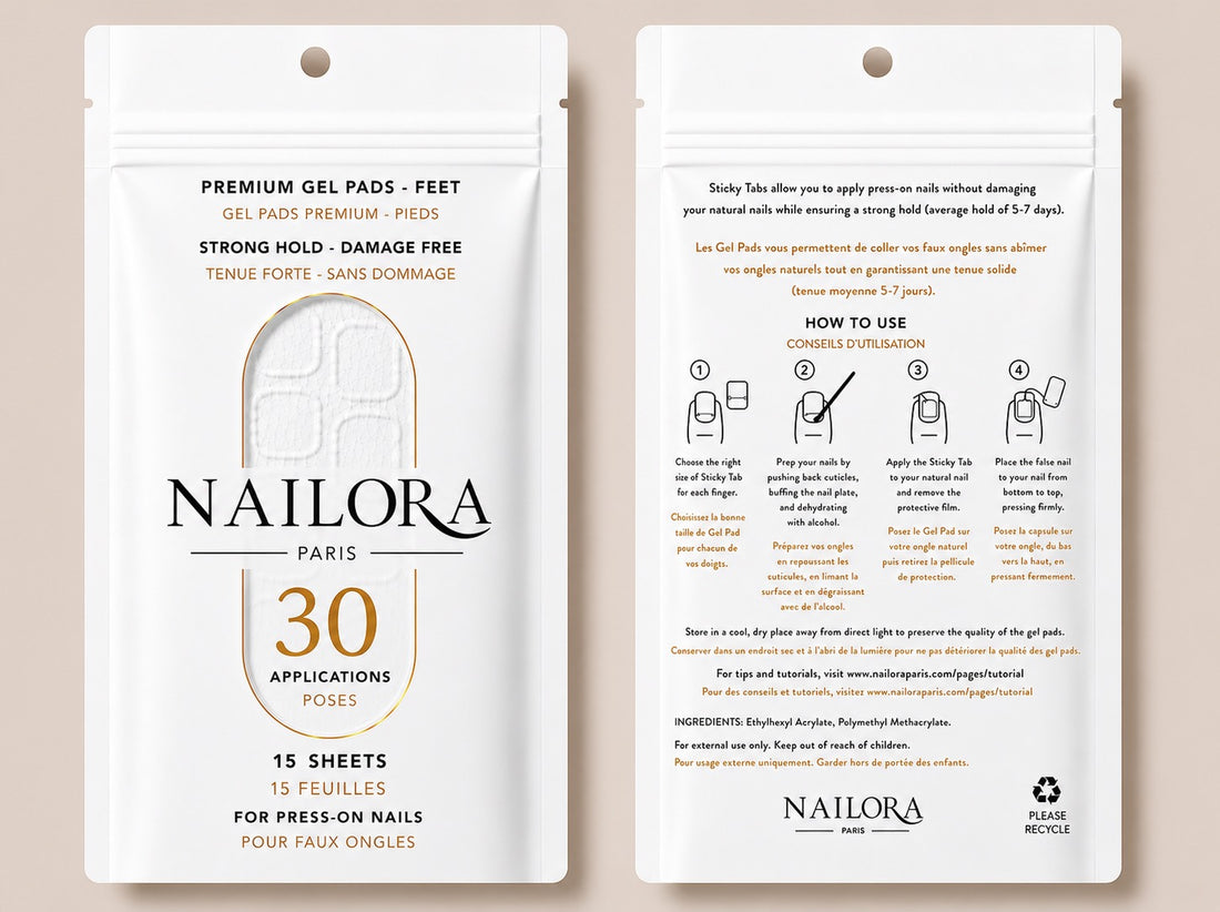 Nailora Paris toe gel pads packaging – 15 adhesive nail tabs