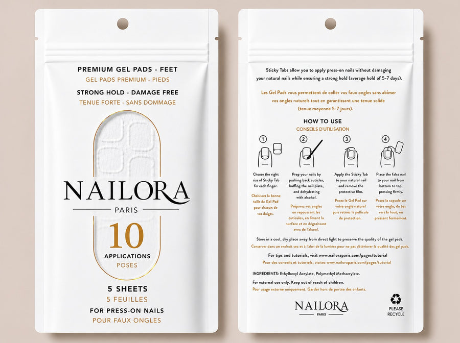 Nailora Paris toe gel pads packaging – 5 adhesive nail tabs