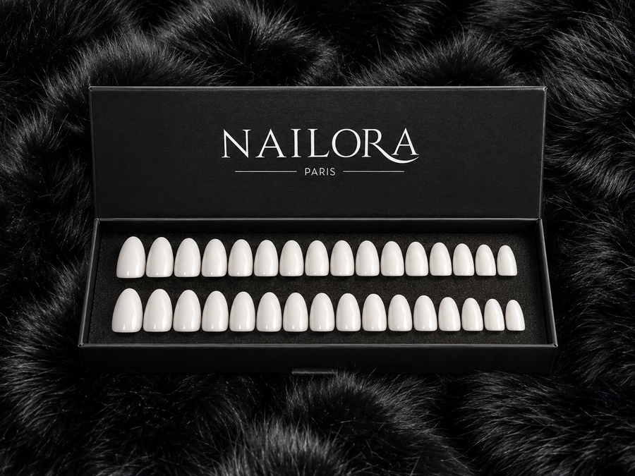 Close-up of Victoire white almond press on nails