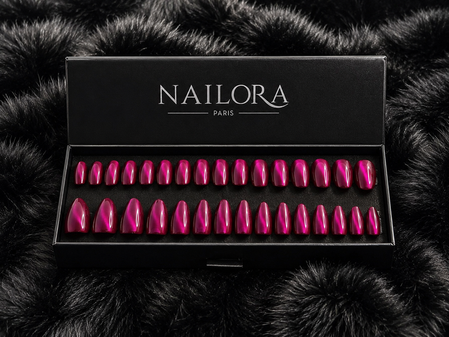 Close-up of Zoé pink metallic almond press on nails